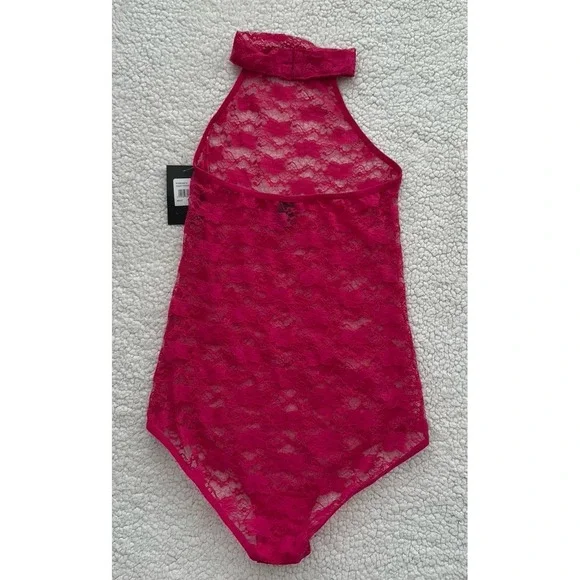 NEW Womens Pink Lace Lingerie Sheer Bodysuit Sleeveless Size Small Festival Sexy - Picture 10 of 12